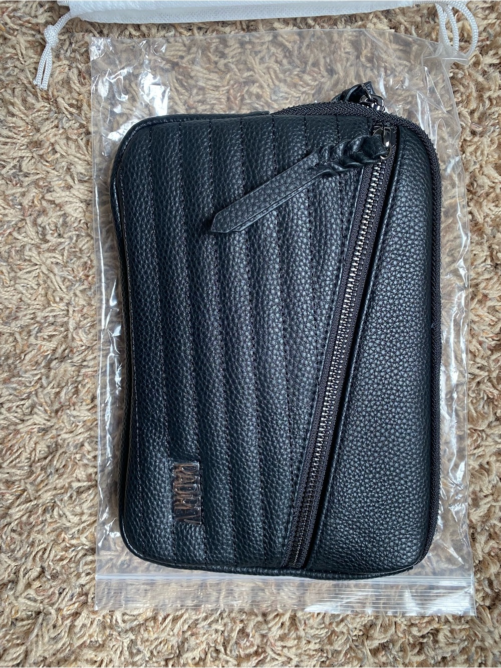 Black Quilted Leather Zip Travel Organizer Pouch